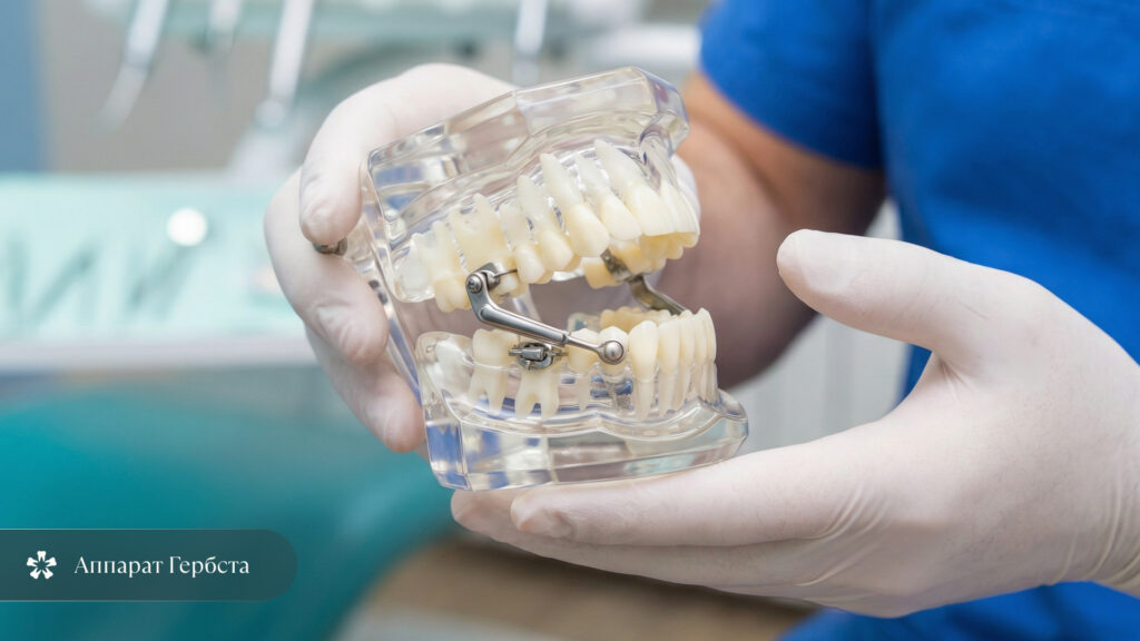 Иллюстрация работы аппарата Гербста для ортодонтической коррекции прикуса 