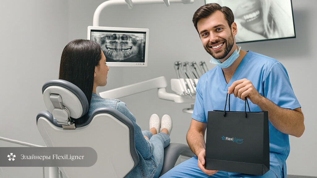 Иллюстрация выдачи элайнеров FlexiLigner пациенту после ортодонтической консультации 