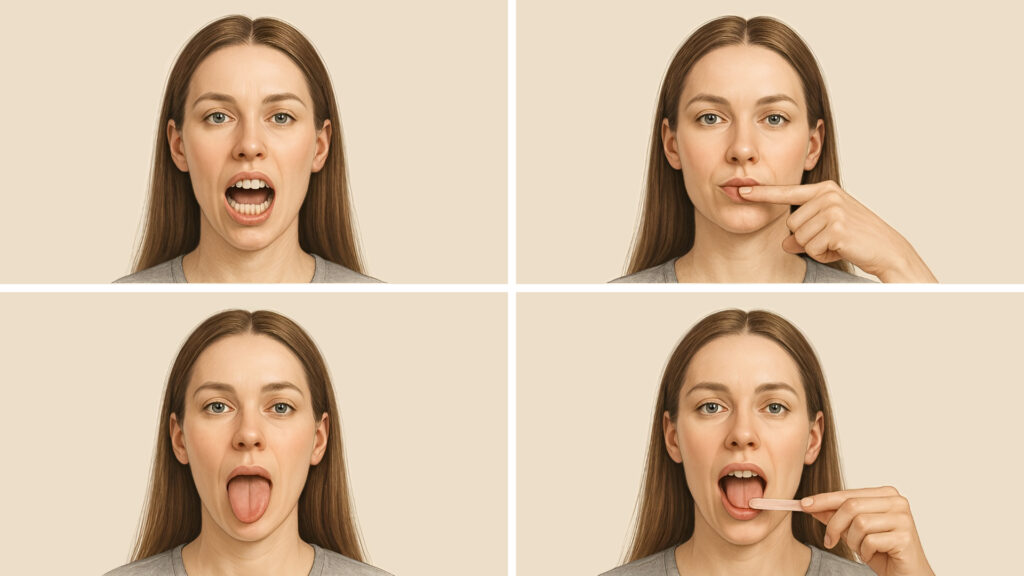 Иллюстрация упражнений миофункциональной гимнастики для мышц лица и челюсти 