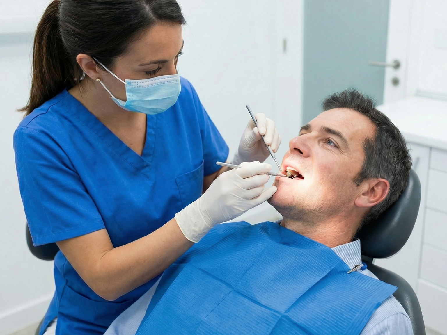 Стоматолог в синей медицинской форме осматривает зубы взрослого пациента в кресле в современной клинике