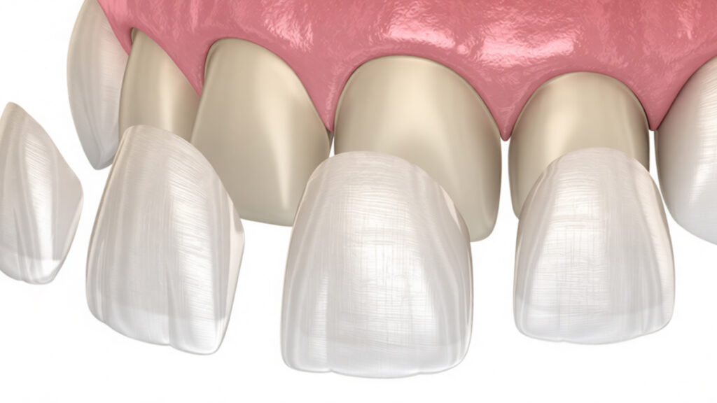 крупный план улыбки с установленными керамическими винирами на верхних передних зубах